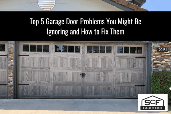 A modern double garage door, featuring about common garage door issues and fixes from SCF Garage Doors.